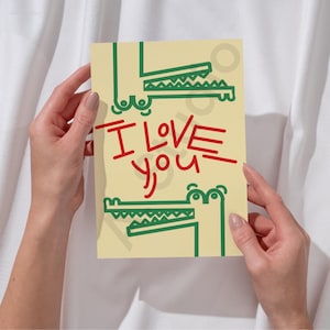 Due biglietti d'amore "Coccodrilli innamorati" / Biglietto romantico astratto / Ti amo / Carino / Pronto per la stampa / Minimalismo per bambini / PDF/PNG