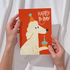 Funny Poodle Birthday Card – Cute Dog with Cupcake – Whimsical Hand-Drawn Digital Greeting – Printable Funny Animal Card – Instant Download