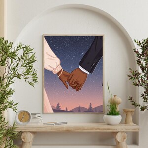 Printable Black Couple Holding Hands Romantic Wall Art Print; Elegant Starry Night Sky; Living Room and Bedroom Wall Decor; Minimalist Print