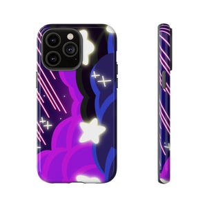 May include: A smartphone case featuring a dark purple and black background with a pattern of white glowing stars, light pink diagonal streaks, and abstract cloud-like shapes. The design is displayed on both the back and the side profile of the case.
