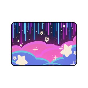 Peut inclure: Une illustration numérique d'un ciel nocturne avec des nuages roses et bleus, des étoiles blanches et des stries de lumière rose et bleue néon.