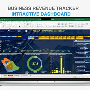 Puede incluir: Un ordenador portátil que muestra un panel de control de seguimiento de ingresos empresariales con gráficos y diagramas. El panel de control incluye un gráfico de líneas, un gráfico circular, un gráfico de barras y un mapa de Arabia Saudita. El panel de control se titula "Panel de control del rendimiento del programa".