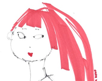 Retrato de mujer adolescente - Impresión giclée de 8"x10" - Ilustración - Arte - Dibujo - Boceto - Rostro - Pelirrojas - Blanco, negro y rojo - Minimalista - Arte de pared