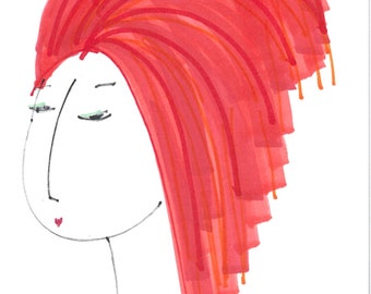 Portrait-Woman Girl-8"x10" Print of Original Illustration-Art-Drawing-Sketch-Face-Redhead Ginger-Bouffant-Black White Red-Minimalist-WallArt