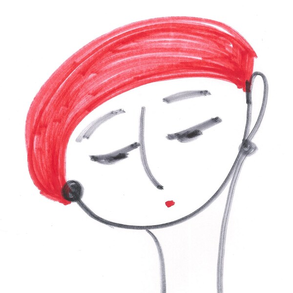 Portrait-Woman Girl-8"x10" Print of Original Illustration-Art-Drawing-Face-Hat Beret-Fashion-Red White Black-Minimalist-Modern-WallArt-Gift