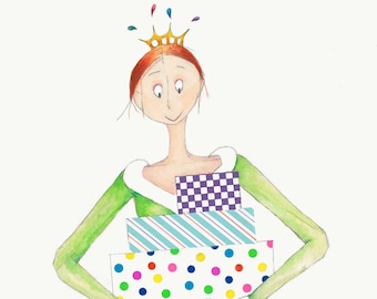 Queen Art-8"x10" Print of Original Illustration-Watercolor-Redheads Gingers-Tiara Crown-Princess Royalty-Gift Boxes-Party-Birthday-Holiday