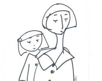 Portrait-Mother Daughter-8"x10" Print of Original Illustration-Art-Line Drawing-Woman-Girl-Child-Parent-Caregiver-Love-Mother's Day-Gift