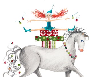 Arte ecuestre - Impresión de 20 x 25 cm - Duendecillo - Pelirrojas - Gorra - Verde azulado - Rojo - Cajas de regalo - Adornos - Caballo blanco - Salto - Ilustración - Festivo