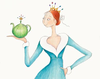 Queen Art-8"x10" Print of Original Illustration-Redheads Gingers-Tiara Crown-Teapot-Watercolor-Painting-Cafe Tea Shop-Kids Room-WallArt