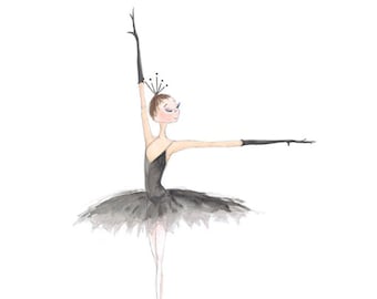 Ballet Dance Art-8"x10" Print of Original Illustration-Ballerina in Black-Tutu Tiara Gloves-Swan Lake-Odile-Cinderella Ballet-Clock Fairy