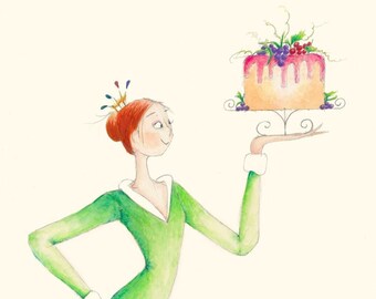 Queen Art-8" x 10"Print of Original Illustration-Redheads Gingers-Tiara Crown-Cake-Painting-Watercolor-WallArt-Kids Room-Bakery Cafe Art