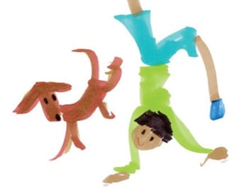 Boy & Dog Art-8"x10" Print of Original Illustration-Black-Haired Boy-Brown Dog-Blue Green-Handstand-Playing Fun-Kids Children-Pets-Puppies