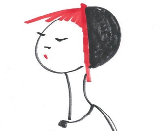 Portrait-Girl Woman-8"x10" Print of Original Illustration-Art-Drawing-Face-Redheads Gingers-Hat Cap Beret-Black White Red-Minimalist-WallArt