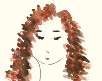 Woman Girl Portrait-8"x10" Print of Original Illustration-Watercolor-Art-Painting-Lady-Face-Redheads Gingers-Curls-Red Brown Black-Autumn