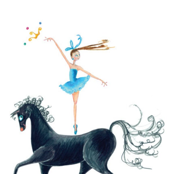 Horse Equestrian Art-8"x10" Print of Original Illustration-Ballerina-Brown Hair-Blue-Tutu-Bow-Tiara-Black Horse-Vaulting Ballet Dance Circus
