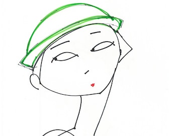 Woman Girl Portrait-8"x10" Print of Original Illustration-Art-Line Drawing-Lady-Face-Hat-Black White Green-Fashion-Minimalist-WallArt-Decor