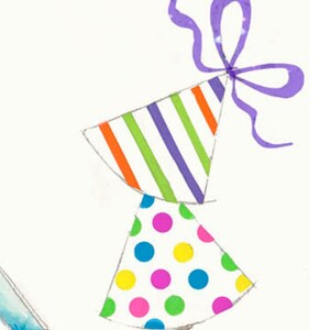 May include: A hand holding two party hats. The top hat is striped with purple, green, and orange stripes. The bottom hat is white with colorful polka dots.