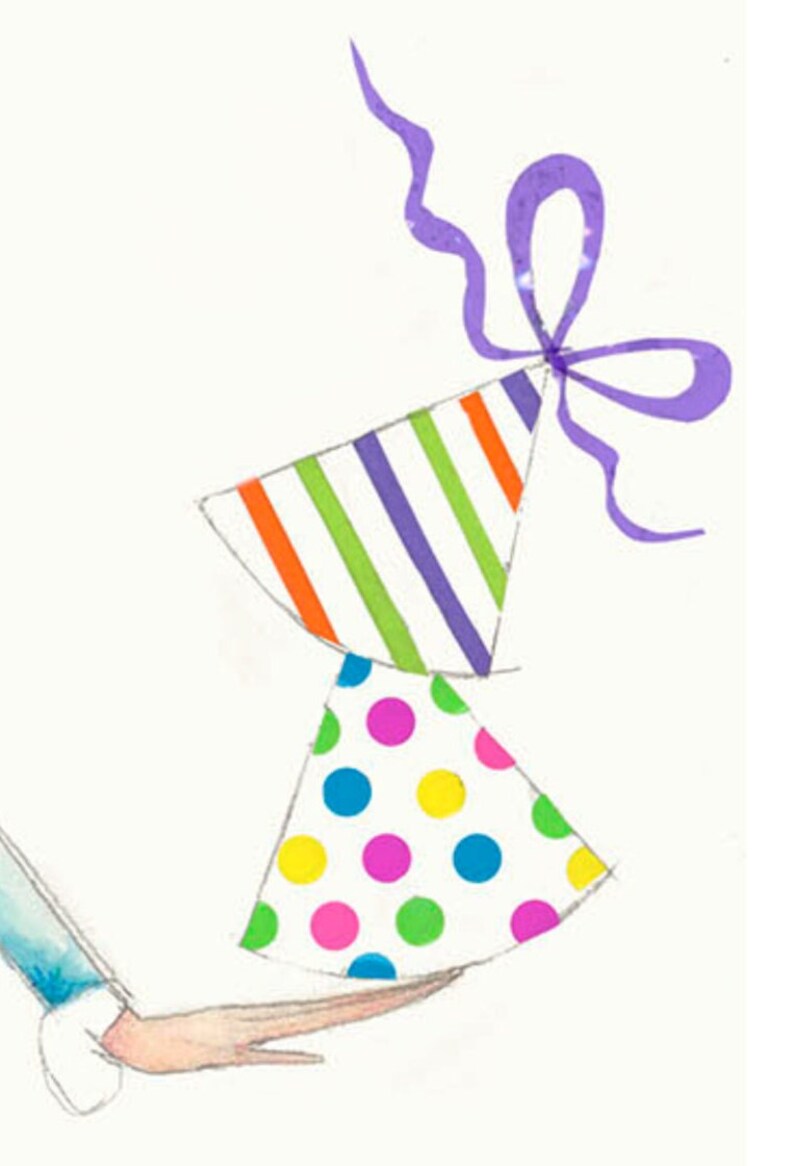 May include: A hand holding two party hats. The top hat is striped with purple, green, and orange stripes. The bottom hat is white with colorful polka dots.