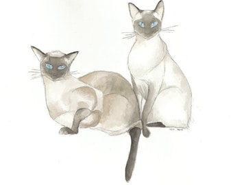 Siamese Cat Art-8"x10" Print of Original Watercolor-Seal Point-Chocolate Point-2 Cats-Pair-Feline Portrait Illustration-WallArt Decor-Gift