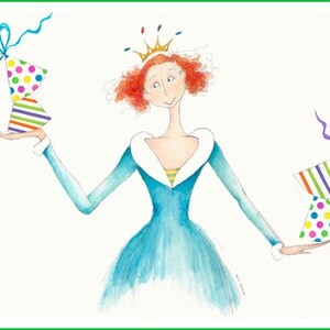 May include: A woman with red hair wearing a blue dress and a gold crown holds two colorful party hats with ribbons.