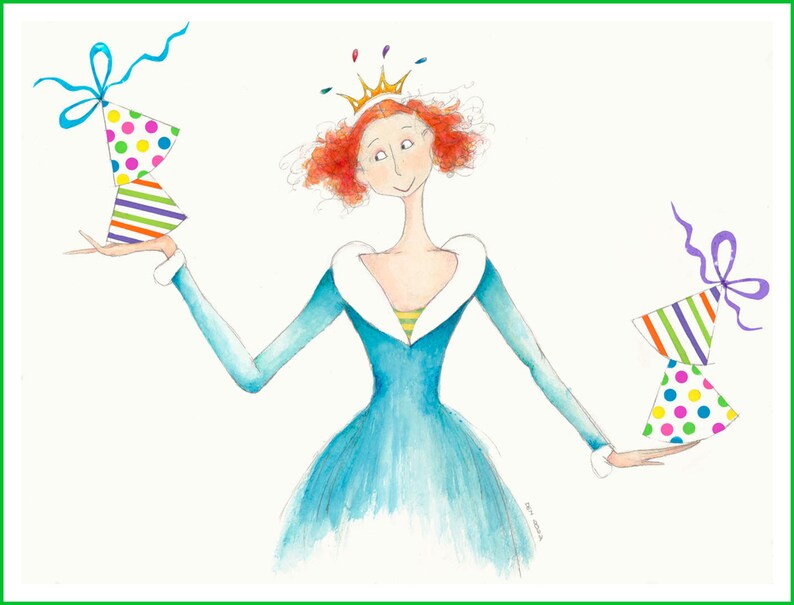 May include: A woman with red hair wearing a blue dress and a gold crown holds two colorful party hats with ribbons.