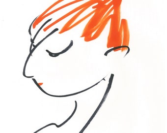 Woman Girl Portrait-8"x10" Print of Original Illustration-Art-Drawing-Face-Redheads Gingers-Ponytail-Black White Orange-Minimalist-WallArt