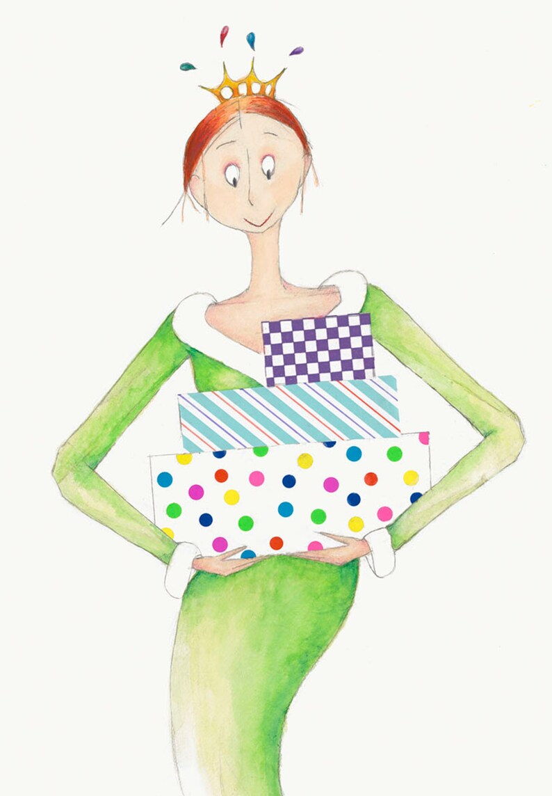 Puede incluir: Una mujer con un vestido verde y una corona dorada sostiene una pila de regalos envueltos. Los regalos est&aacute;n envueltos en papel de colores con lunares, rayas y un patr&oacute;n a cuadros.
