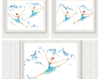 Ballet Dance Art-The Nutcracker-Dance of Snowflakes-Set of 3 Prints (8"x10") of Original Art-Dancers Ballerinas in Blue-Leaping-Snow-Winter