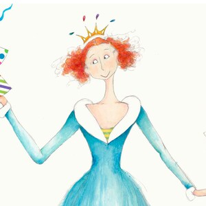 May include: A woman with red hair and a gold crown is holding two colorful party hats with blue and purple ribbons.