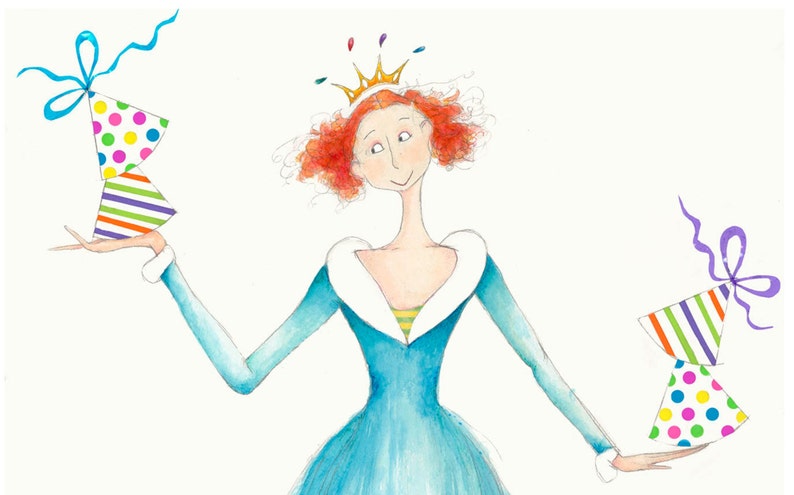 May include: A woman with red hair and a gold crown is holding two colorful party hats with blue and purple ribbons.