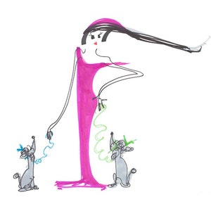 Poodle Art-8&quot;x10&quot; Print of Original Illustration-Drawing-Woman Lady Fashionista Diva in Magenta/Pink-2 Grey Poodles-Green Blue Bows-WallArt