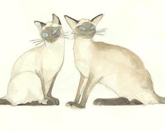 Siamese Cat Art-8"x10" Print of Original Watercolor-Seal Point-Chocolate Point-2 Cats-Pair-Feline Portrait Illustration-WallArt Decor-Gift