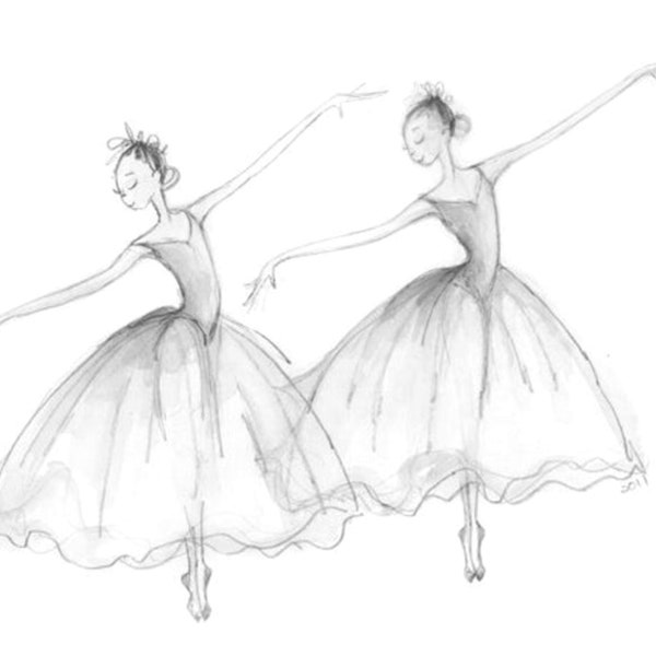 Ballet Dance Art-8"x10" Print of Original Illustration-Watercolor-2 Classical Ballerinas Dancers-Tutus-Black White Grey-Les Sylphides