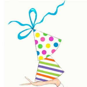 May include: A hand holds three colorful party hats stacked on top of each other. The top hat is white with pink, yellow, green, and blue polka dots. The middle hat is striped with orange, green, and purple stripes. The bottom hat is striped with orange, green, and purple stripes. A blue ribbon is tied around the top hat.