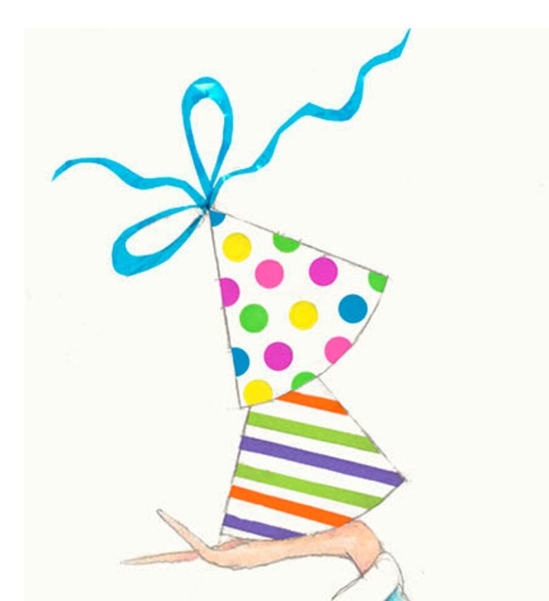 May include: A hand holds three colorful party hats stacked on top of each other. The top hat is white with pink, yellow, green, and blue polka dots. The middle hat is striped with orange, green, and purple stripes. The bottom hat is striped with orange, green, and purple stripes. A blue ribbon is tied around the top hat.