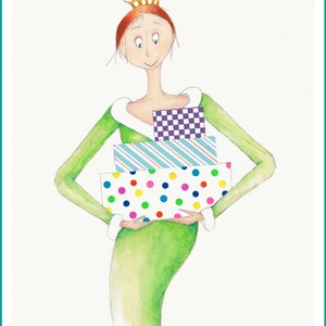 Puede incluir: Una ilustraci&oacute;n de dibujos animados de una mujer con un vestido verde y una corona dorada, sosteniendo una pila de regalos envueltos con coloridos patrones de lunares, rayas y cuadros.