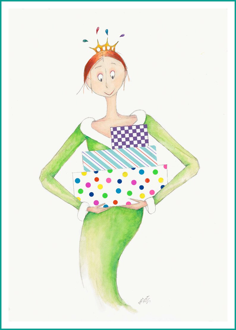 Puede incluir: Una ilustraci&oacute;n de dibujos animados de una mujer con un vestido verde y una corona dorada, sosteniendo una pila de regalos envueltos con coloridos patrones de lunares, rayas y cuadros.