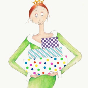 Puede incluir: Una ilustraci&oacute;n de dibujos animados de una mujer con un vestido verde y una corona dorada, sosteniendo tres regalos envueltos. Los regalos est&aacute;n envueltos en papel estampado de colores, incluyendo lunares, rayas y un patr&oacute;n a cuadros.