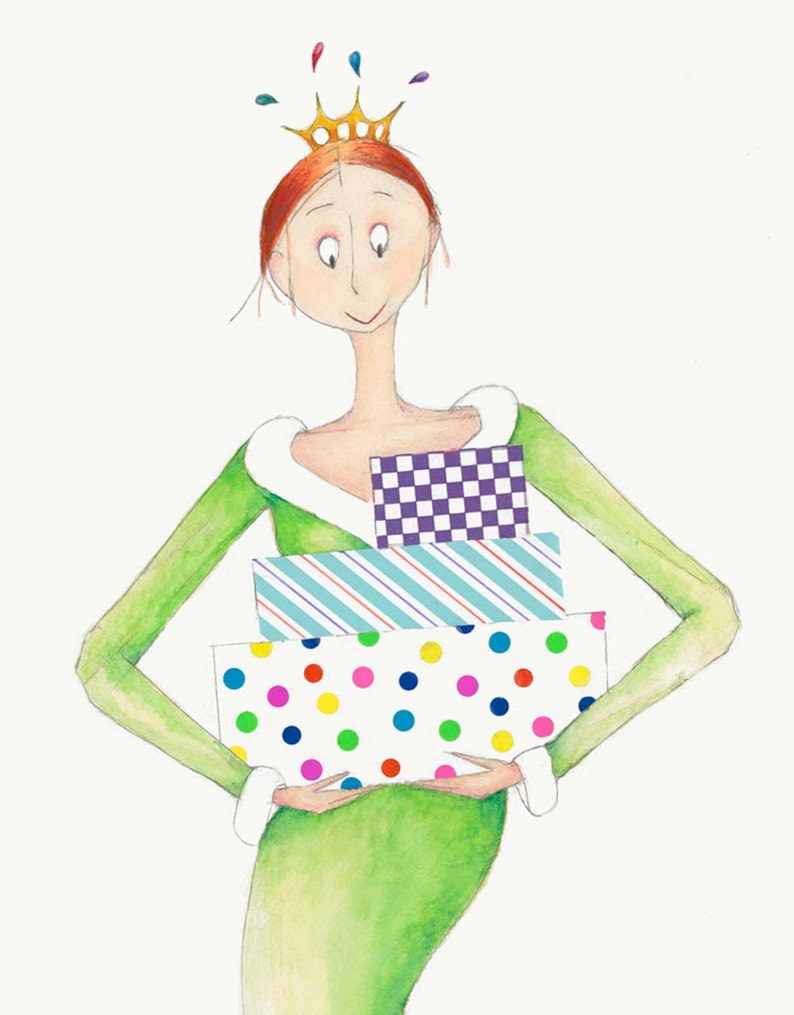 Puede incluir: Una ilustraci&oacute;n de dibujos animados de una mujer con un vestido verde y una corona dorada, sosteniendo tres regalos envueltos. Los regalos est&aacute;n envueltos en papel estampado de colores, incluyendo lunares, rayas y un patr&oacute;n a cuadros.
