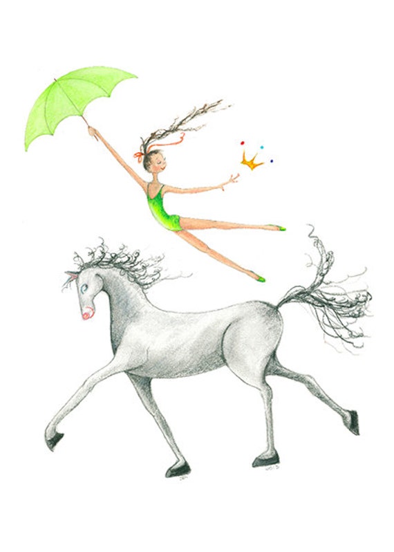Equestrian Horse Art Print 8x10 Girl In Green Brownblack Hair Tiara Umbrella Parasol Whitegrey Horse Vaulting Riding Wallart Decor Gift