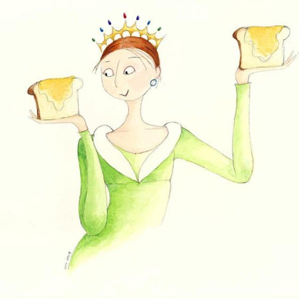 Queen Art-8"x10" Print-Sing A Song of Sixpence-Redhead Ginger-Crown Tiara-Bread & Honey-Nursery Rhyme Song-Illustration-Watercolor-WallArt