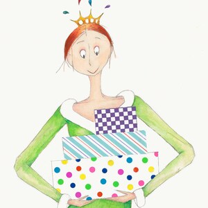 Puede incluir: Una ilustraci&oacute;n de dibujos animados de una mujer con un vestido verde y una corona dorada, sosteniendo una pila de regalos envueltos. Los regalos est&aacute;n envueltos en papel de colores con lunares, rayas y un patr&oacute;n a cuadros.