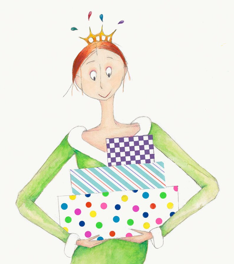 Puede incluir: Una ilustraci&oacute;n de dibujos animados de una mujer con un vestido verde y una corona dorada, sosteniendo una pila de regalos envueltos. Los regalos est&aacute;n envueltos en papel de colores con lunares, rayas y un patr&oacute;n a cuadros.