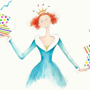 May include: A woman with red hair wearing a blue dress and a gold crown holds two stacks of colorful party hats in her hands.