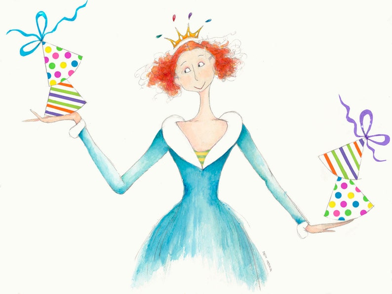 May include: A woman with red hair wearing a blue dress and a gold crown holds two stacks of colorful party hats in her hands.
