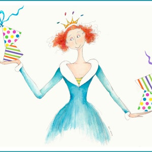 May include: A woman with red hair wearing a blue dress and a gold crown holds two colorful party hats with ribbons.
