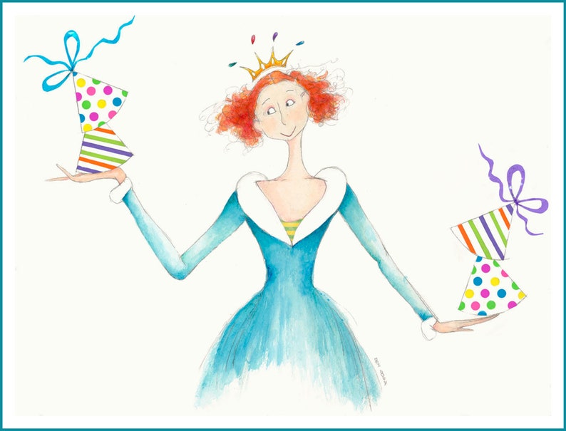 May include: A woman with red hair wearing a blue dress and a gold crown holds two colorful party hats with ribbons.