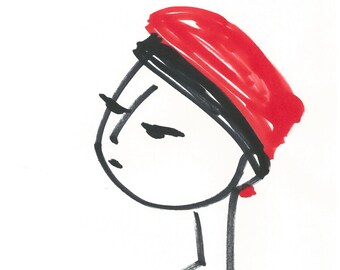 Portrait-Woman Girl-8"x10" Print of Original Illustration-Art-Drawing-Face-Hat Cap Beret-Fashion-Black White Red-Minimalist-Modern-WallArt