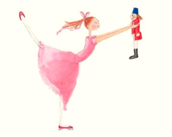The Nutcracker Ballet-Clara & Nutcracker-8"x10"Print-Dancer Ballerina in Pink-Nutcracker in Red White Blue-Illustration-Art-Nutcrackercore