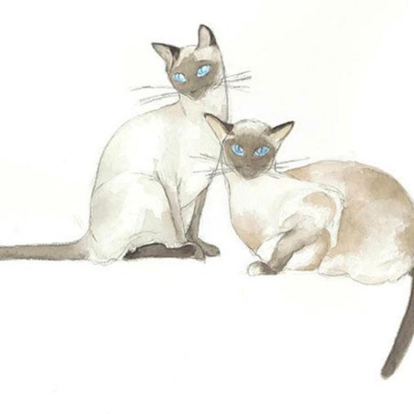 Siamese Cat Art-8"x10" Print of Original Watercolor-Seal Point-Chocolate Point-2 Cats-Pair-Feline Portrait Illustration-WallArt Decor-Gift